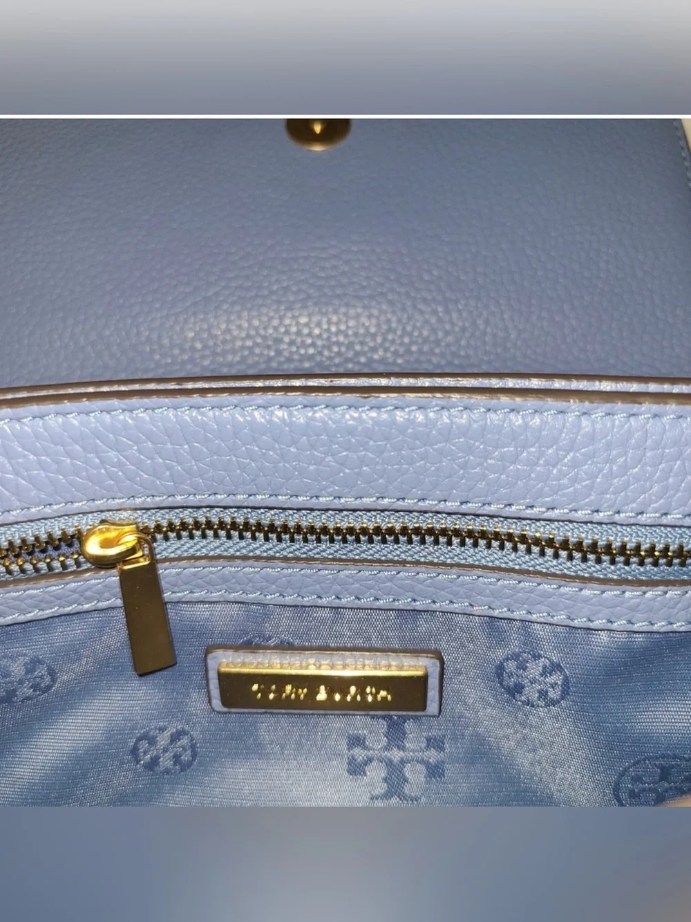 Tory Burch Navy Pebbled Leather Crossbody with Gold Logo Chain